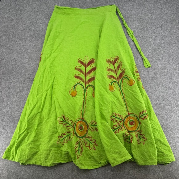 Laadi Dresses & Skirts - Laadi Lime Green Cotton Embroidered Wrap Maxi Skirt One Size Boho Floral